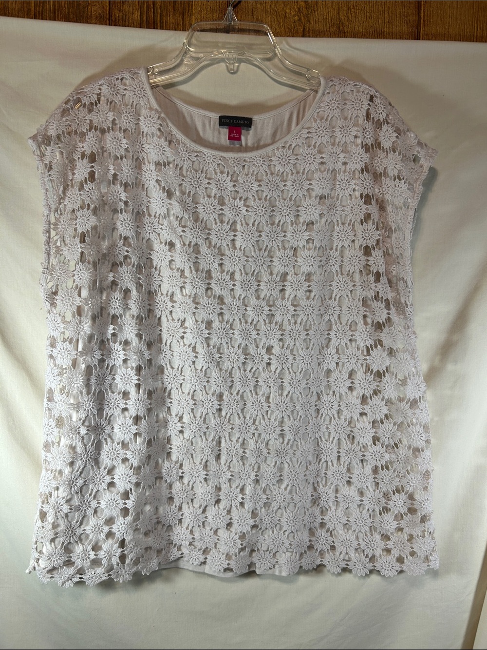 Vince Camuto Woman’s White Crochet Floral Lace Cap-Sleeve Blouse